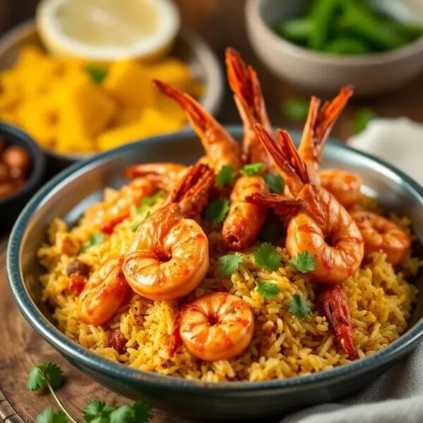 Delicious Prawn Biryani with Crispy Prawns