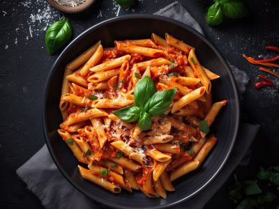 Classic italian pasta penne alla arrabiata with basil and freshly parmesan cheese on dark table. Penne pasta with sauce. Top view. Generative AI.